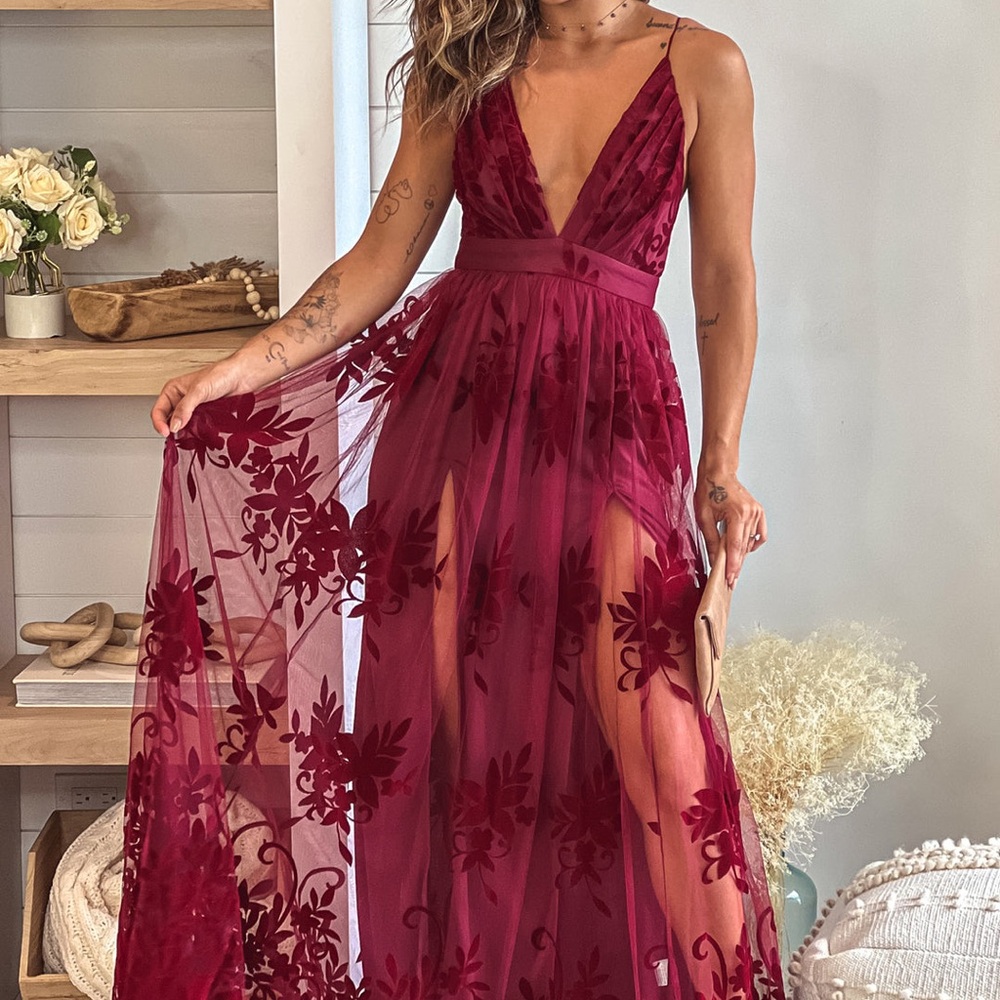 Burgundy Floral Tulle Maxi Dress
